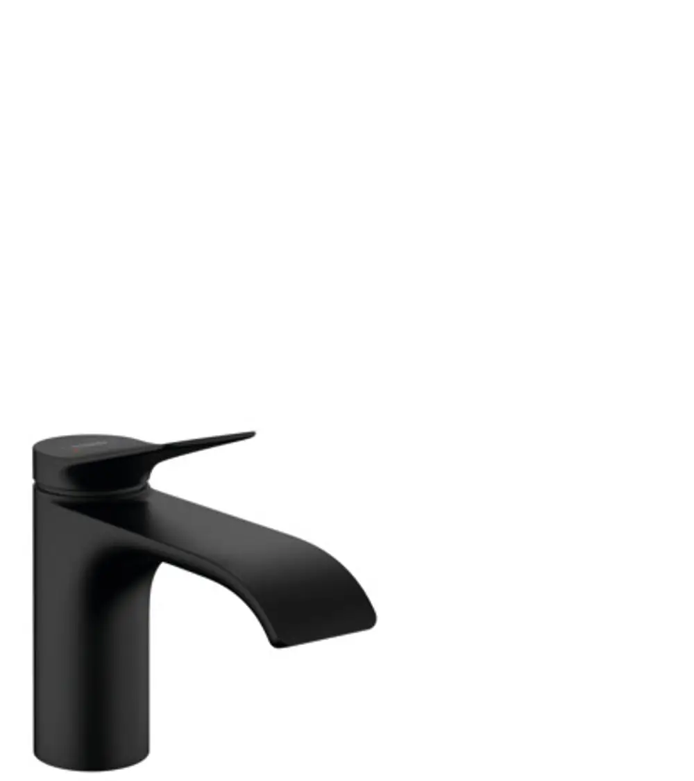 Schwarzer Einhebel-Waschtischmischer von Hansgrohe mit flacher Auslaufarmatur und Zugstangen-Ablaufgarnitur. Eignet sich für moderne Waschbecken.